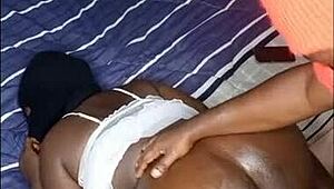 Bent over in doggystyle, shaved pussy creams on cock during orgasm