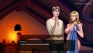 Blonde met enorme tieten steekt klein houten dildo in kale kut