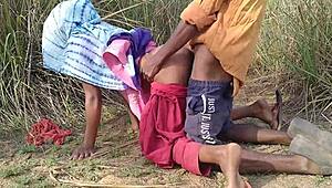 Wife collecting wood outside, husband says let’s have sex here today in Desi Hindi video.