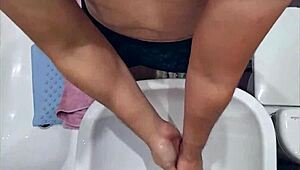 Blow Job in the Bathroom with Feet Fetish, Kissing and Solo Play