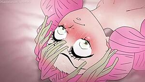 Escena hentai 2D: Mitsuri Kanroji de pelo rosa atrapada con un monstruo cachondo