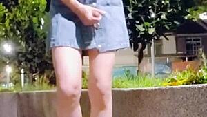 Ladyboy taïwanaise en robe se fait plaisir en extérieur dans une scène osée