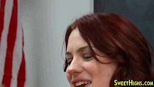 The redhead teen in uniform gets a hard titty fuck and facial in the classroom during her wild session