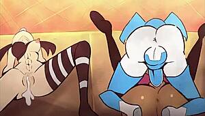 和机器人Jenny X、Brit、Tiff一起嗨，超野的扶她 parody 动画！