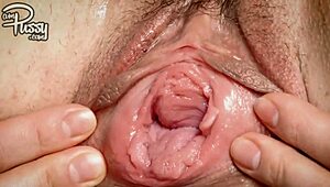 Sehr nasse Muschi klafft nah ran in hausgemachter Solo mit Netzstrümpfen.