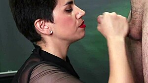 Cum drips from my mouth after a wild handjob session with my partner.