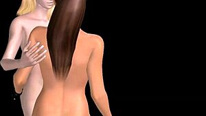 Disse lesbiske piger gnider fisser og knepper bagfra i 3D