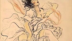 Ilustrasi erotik vintaj ini tangkap daya tarikan retro sensual dalam gaya kartun terperinci