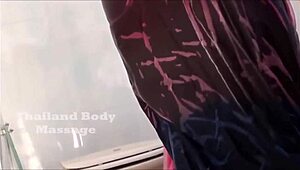 servant aiding women in transparent blouse during steamy bath time