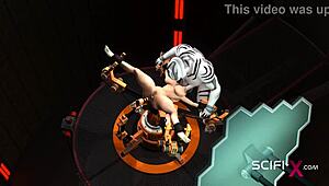 Бюстая блондинка отрывается с андроид секс-машиной в sci-fi лаборатории