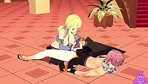 Люси Нацу делает жаркий минет и дрочку до мощной кончи в хентай Fairy Tail без цензуры