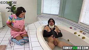 Stepsister Helps Injured Stepbrother and Stepdad with Blowjob Care