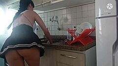 latina pornstar washing dishes in the kitchen