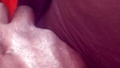 Slut teases her clit with cheating passion