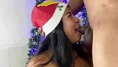 Latina gives Christmas blowjob ending in facial