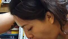 Young university girl gives an amazing blowjob while job hunting.