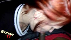 red head gives blowjob on new years with interracial twist