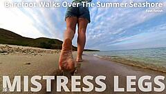 Follow wrinkled feet on sandy beach