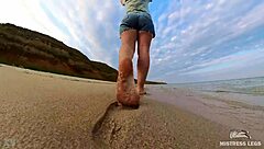 Follow wrinkled feet on sandy beach