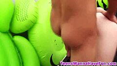 At the party, teen amateurs receive blowjobs and get rammed by monster cocks outdoors.