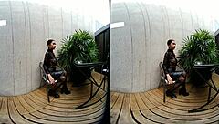 young girl smokes topless in leather skirt