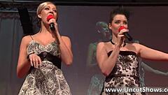 Sexy blonde hottie undresses in santa clothes outdoors