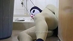 Zentai Slave Bound In Toilet Penis Bondage