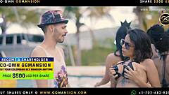 blonde babe chats with black-haired one in ggmansion setting.