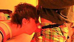 Boyfriend's tied up getting strapon blowjob from mistress 😈