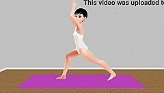 Anime girl stretches in yoga exercise with Leo.