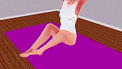 Anime girl stretches in yoga exercise with Leo.