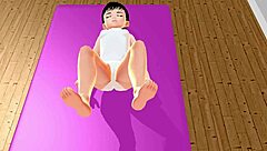 Anime girl stretches in yoga exercise with Leo.