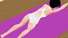 Anime girl stretches in yoga exercise with Leo.