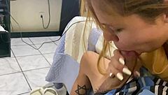 brunette sucking while he plays game