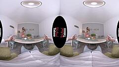 Taboo brunette gives blowjob in breakfast scene