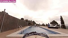 young latina neighbor enters pool horny, wants outdoor pov fuck.
