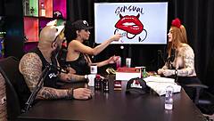 Two beautiful teens test product on breasts, redhead in sheer red 😍