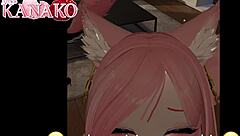 catgirl in anime cosplay outfit gives blowjob and gets cumshot on her big tits