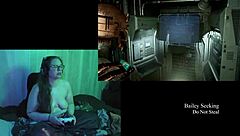 Naked brunette plays Deadspace with big natural tits