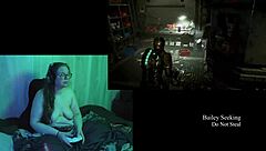 Naked brunette plays Deadspace with big natural tits