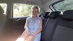 Blonde milf passionately uses dildo on the backseat! So intense!