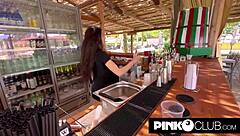 Naughty bartender Isabella fucks black customer in interracial blowjob 😏