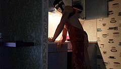 Asmodey and Jasper the puppies prepare dinner in the kitchen