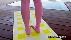 pussy hammering workout by the pool with blonde in spandex on sunny day