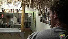 Blonde Milf's Shaved Pussy Teased Under Table