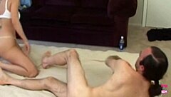 a guy brings brunette home for humiliation with strapon