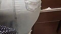 clara in jeans skirt gets sneaky encoxando at skirtshouse