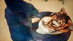 呃，老虎让蜥蜴一次次射精，在狂野动作中