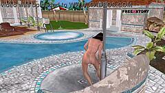 이 애니메이션 3D 만화 여자가 섹시 포즈 취하고 수영장 옆에서 샤워해?