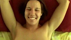 hot brunette fucks hardcore in bed showing natural tits